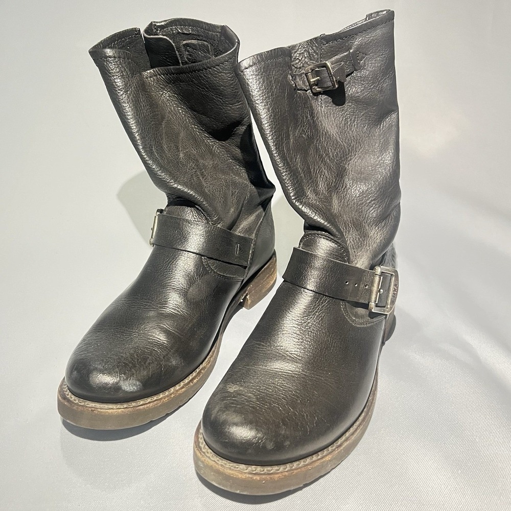 Frye Women's Black Leather Buckle Mid Calf Biker Boots Size 7 Made In Mexico EUC